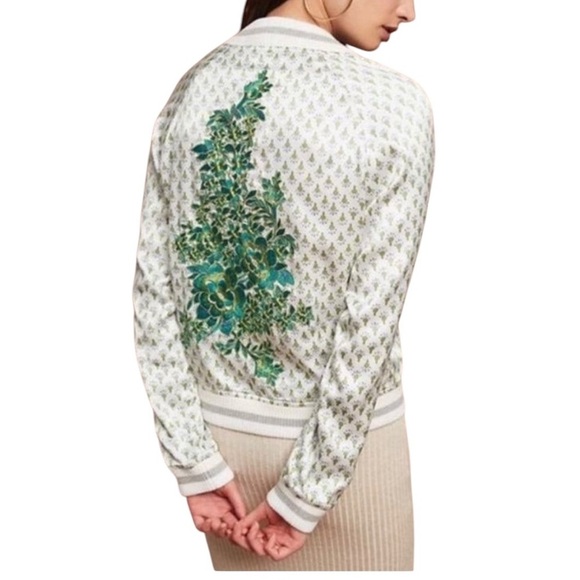 Tiny edition .Green and White Quilted Bomber Jacket with Botanical Design - Picture 1 of 14